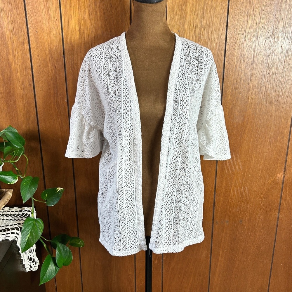 True Craft White Lace Open Front Cardigan Bell Sleeve Split Back XL Boho‎ Summer